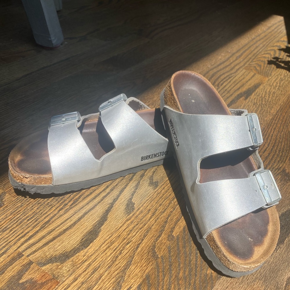 Arizona Birkenstocks - Silver Soft footbed